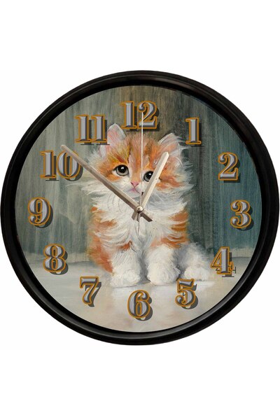 Caseras Cute Orange Kitten Themed Decorative Wall Clock 28 cm Silent Mechanism