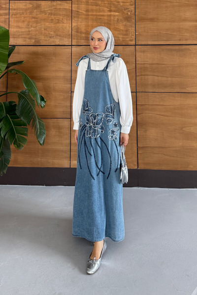 Miss Allos Women's Beaded Embroidered Denim Slopet Dress