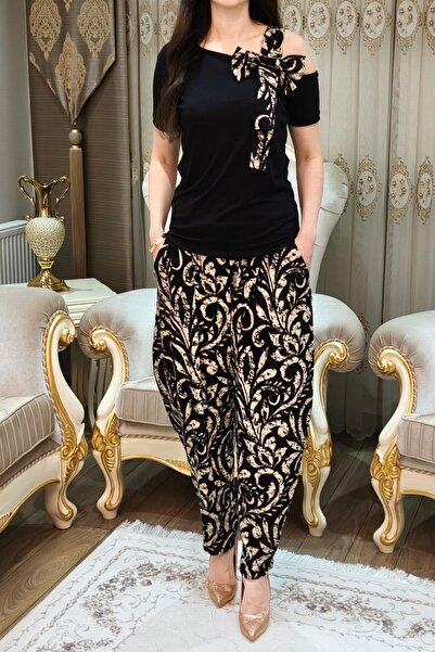 bizim butik Kadın Desenli Fiyonk Detaylı Bluz Şalvar Takımı. Standart Beden 5...
