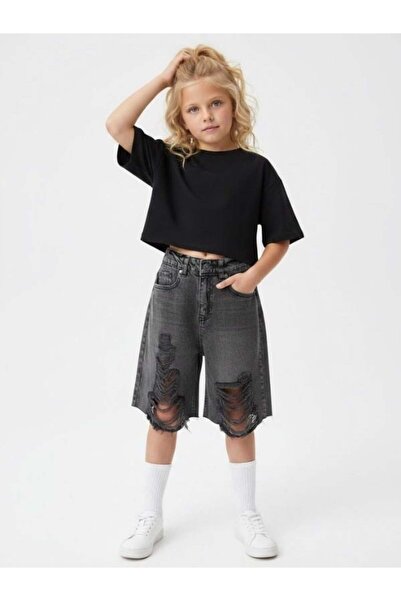 Zekids Kız Çocuk Yırtık Denim Bermuda Kot Şort