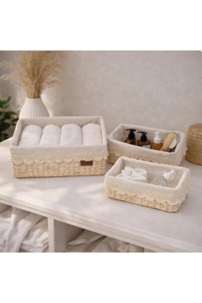 Generic Woven storage basket set decorated with fabric lining, off-white/beig...