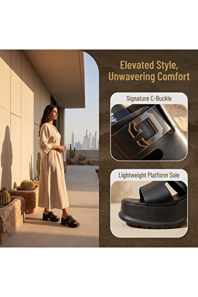 Dhiaa Walk Black Platform Wedge Sandals for Women - Stylish Buckle Detail Sli...