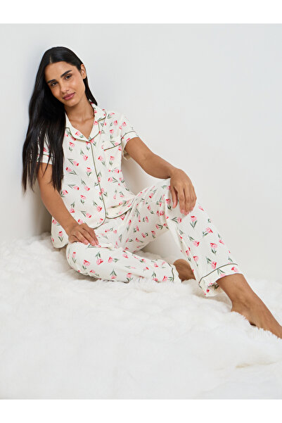 Take Two By Styli White Floral Print Shirt and Pyjama Set