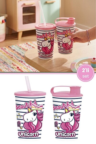Flora 2'li Unicorn Çocuk Meşrubat Bardak Seti, Pipetli Kapaklı Su Süt Meyve S...