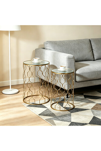 genric 2 Pack Gold Geometric Nesting Side Table Set, Round Mirrored Glass Top...
