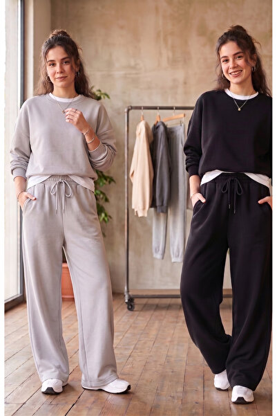 yx yustex sport 2'li Kadın Eşofman Altı (Siyah & Gri) Oversize Baggy Eşofman ...