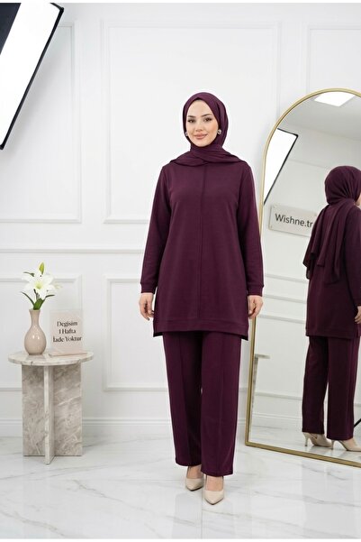 wishne Burgundy Combed Cotton Double Set – Long Tunic with Stitching Detail a...