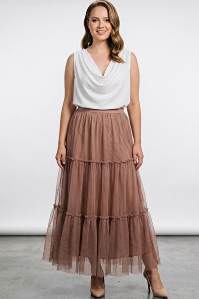 Maya Butik Brown Maxi Length Lined A-Line Tulle Skirt - 24922