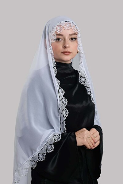 HÜRREM BONE Eșarfă albă pentru rugăciune de nuntă, șifon cu mărgele și dantel...