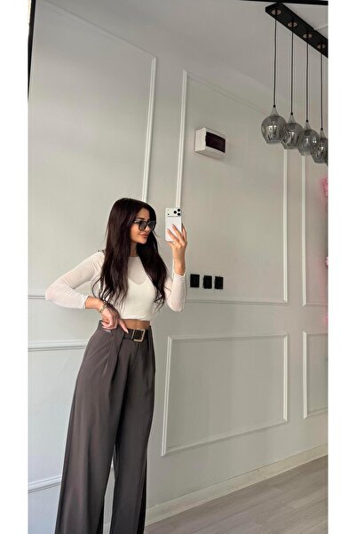 Daves Pile Detail Belted Palazzo High Waist Trousers - Bitter Brown