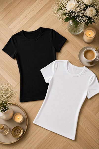 ROZELT Tricou cu jumătate de mânecă din bumbac modal și lycra, alb-negru, pen...