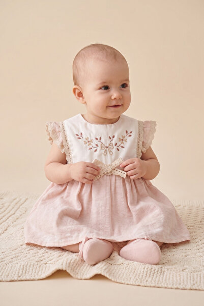Bebezade Summer Baby Girl Linen Dress with Flower Embroidery Detail
