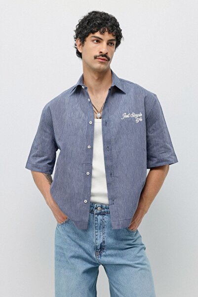 VAMOSCLO Embroidered Striped Boxy Fit Shirt Navy Blue