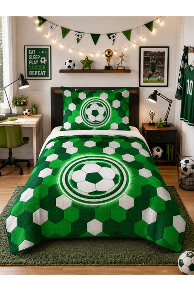 Bebişim Halı Green and White Fan Children's Room Single Pique Bedspread
