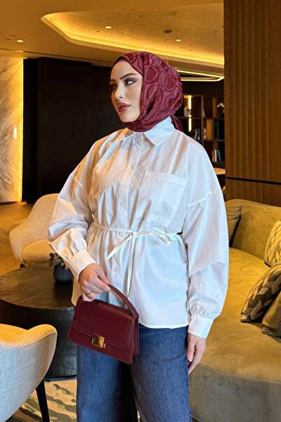 İmajButik Ecru Buttoned Shirt with Tie at the Waist