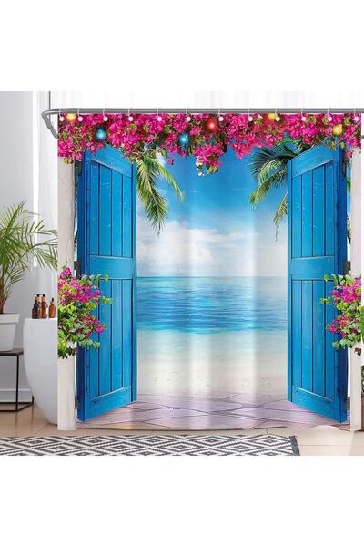 OEM Cortină de duș pentru baie, impermeabilă, design tropical, plajă 180x180 cm
