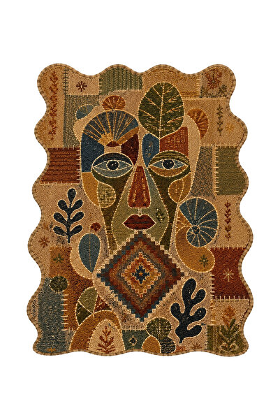 Rugs Modern Halı SDT Maske Figürlü Hasır Görünümlü Afrika Esintili Bej Halı D...