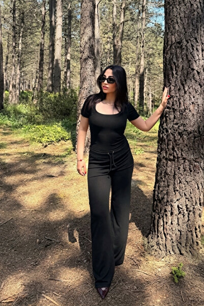 Siner Fashion Γυναικεία Μαύρη Μπλούζα με λαιμόκοψη U και Παντελόνι από Βαμβάκι