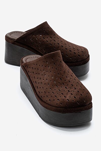 LuviShoes Lune Brown Suede Genuine Leather Perforated Women's Wedge Heeled Sl...