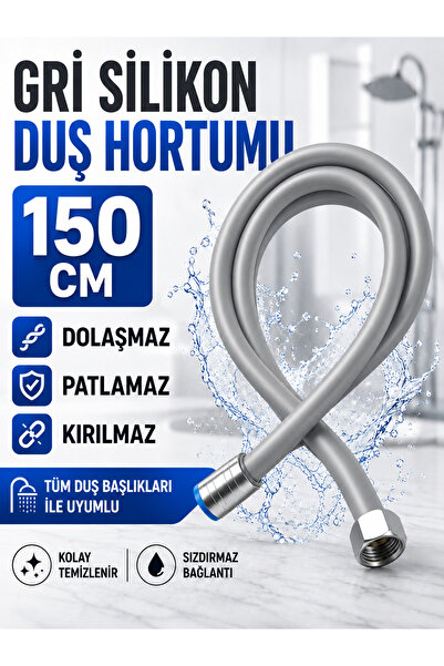 RALKEN Gümüş Gri Silikon Duş Hortumu 150 cm Dolaşmaz Esnek Patlamaz Banyo Duş...