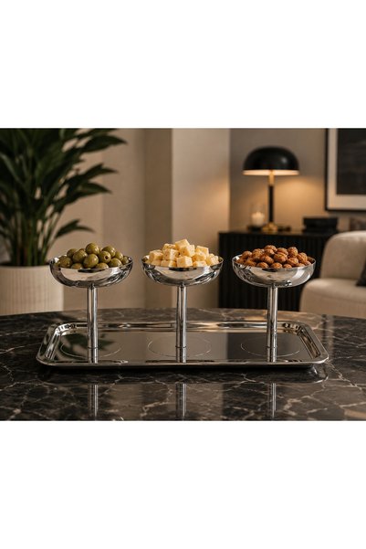 RoyalDecorHome Stainless Steel 3-Piece Footed Bowl Luxury Rectangular Tray Presentation Set Breakfast Jam Bowl Snack Bowl