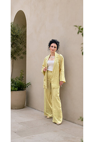 SONGÜLBERİK Women's Oil Green Premium Linen Jacket and Pants Set