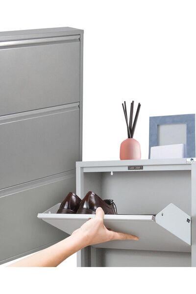 OEM Dulap metalic îngust pentru pantofi cu 3 uși Gri, adâncime 15 cm, compact