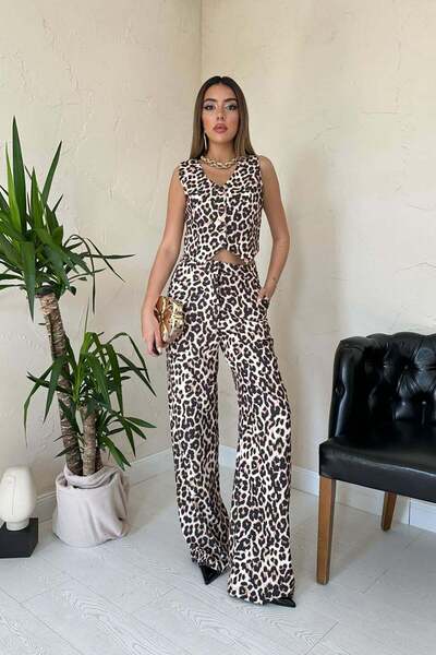 Caddebostan Moda Leopard Patterned Jacket Vest Trousers 3-Piece Women's Set C...