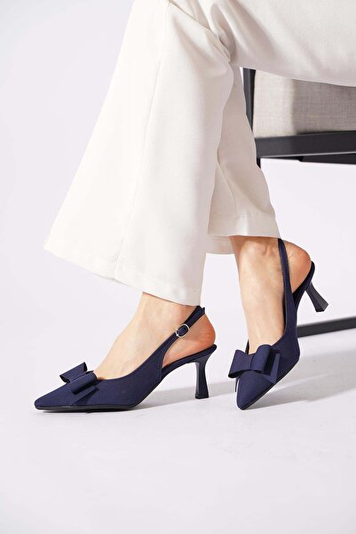 Moda Pie Lapes Bowknot Open Back Women's Heeled Shoes Navy Blue Satin