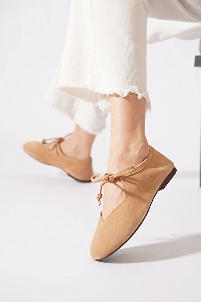 Moda Pie Yonar V-Mouthed Genuine Leather Women's Ballerinas Beige Suede