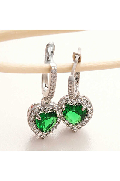 Generic Brand Silver Green Stone Heart Women's Earrings