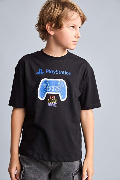 DeFacto Playstation Licensed Oversized Crew Neck Short Sleeve Black T-Shirt f...