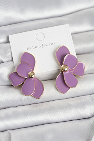 STİLLOVE Purple Enamel Lotus Model Brass Women's Earrings