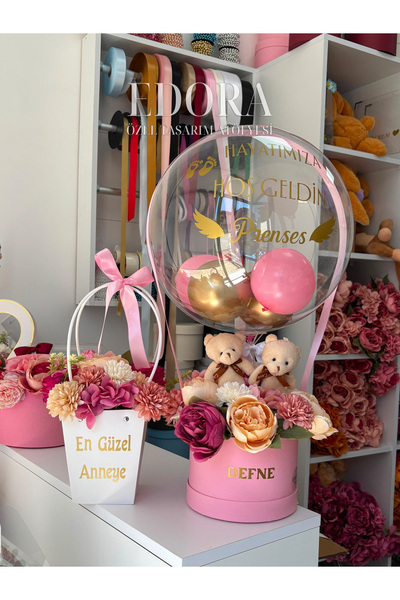 Edora Design Anne & Bebek Hediye Seti Peluşlu Balonlu Çiçek Kutusu Pembe & Re...