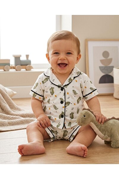 Ege Bebek Baby Boy Summer Dinosaur Printed Double Breasted Collared Shorts 6-...