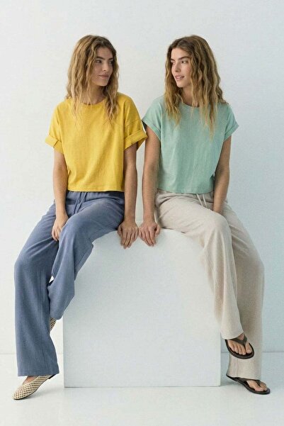 COTENCONCEPT 2 Pieces Basic Crew Neck Women's T-Shirt with Folded Sleeves