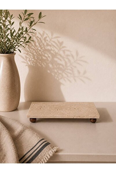 LEONEV Rectangular Travertine Top Wooden Stand Presentation Tray 24X12 cm