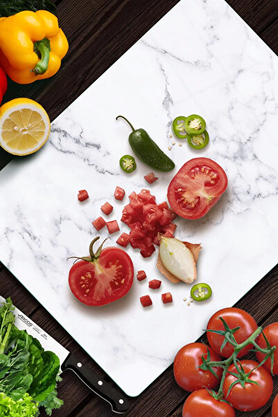 Decovetro Glass Cutting Board and Presentation Plate with White Marble Patter...