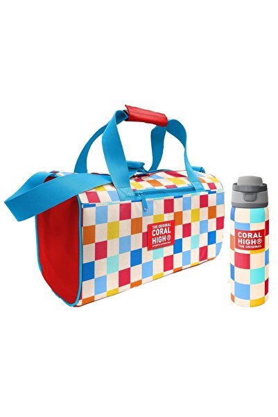 Coral High Red Multi-Colored Checkered Patterned Girl's Sports Bag and 800 ml...