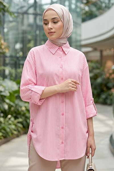 TOFİSA Çizgili Yanları Düğme Detaylı Tunik Pembe - 1329-PEMBE