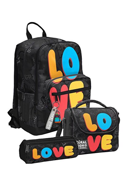 Coral High Black Multicolor Love Printed Boys' Primary and Secondary School T...