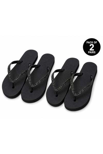 Generic Women's Flip Flops Flat Slippers with Glitter Straps Pack of 2 Black