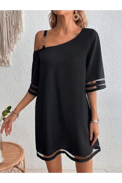 Kokosh moda Kadın Tül Şerit Detaylı Tek Omuzu Açık Krep Elbise