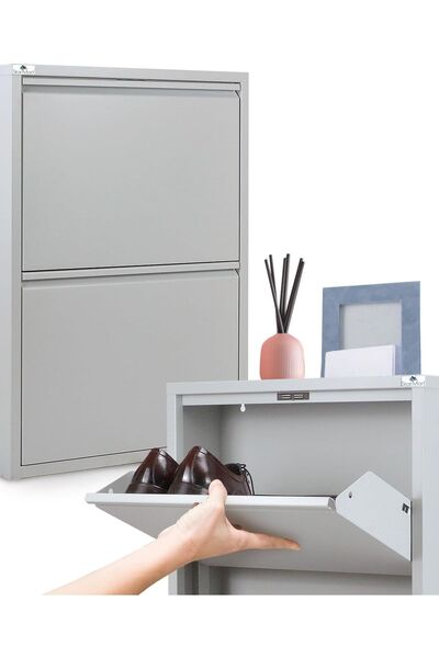 OEM Dulap metalic îngust pentru pantofi Slim cu 2 uși Gri 15x50x70 cm Compact