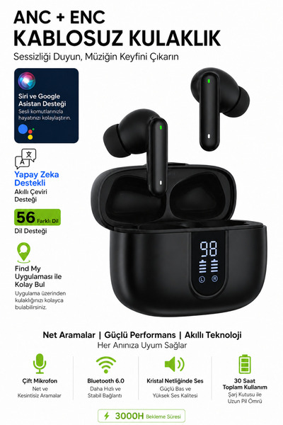VOOKA Çevirmen Kulaklık 56 Dil Destekli Yapay Zeka ANC ENC Bluetooth Kablosuz...