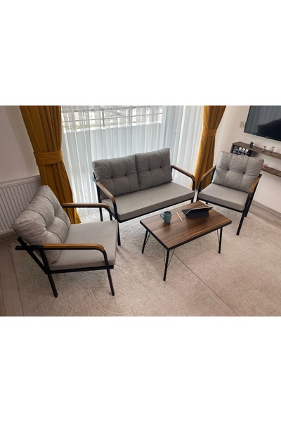 Sofmina Açıkgri Metal Bahçe Koltuk Takımı 2+1+1 Sehpalı Balkon Teras Cafe Otu...