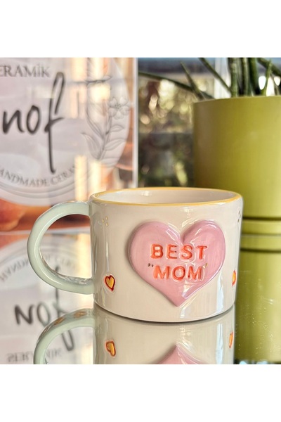 NOF El Yapımı Seramik Gerçek 24K Altın Dekorlu Best Mom Kupa