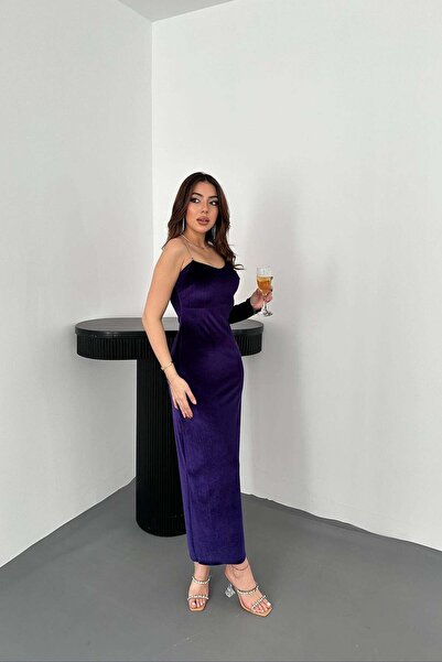 Caddebostan Moda Women's Stone Strap One Shoulder Velvet Dress Evening Dress