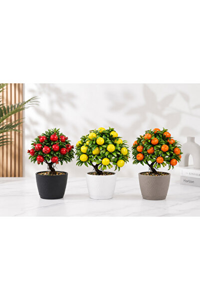 Lineva 3'lü Yapay Meyveli Bonsai Ağaç Seti Nar Limon Mandalina Plastik Saksıl...