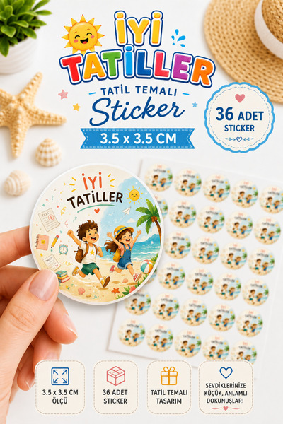 Hume Craft İyi Tatiller Yazılı Karne Hediyesi Sticker Seti 3.5 cm, 36 adet Ok...